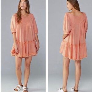 Free People Mystery Land Tunic Dress Small Peach Gauze Boho Tiered Mini Dress